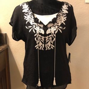 Black Top with White Embroidered DESIGH